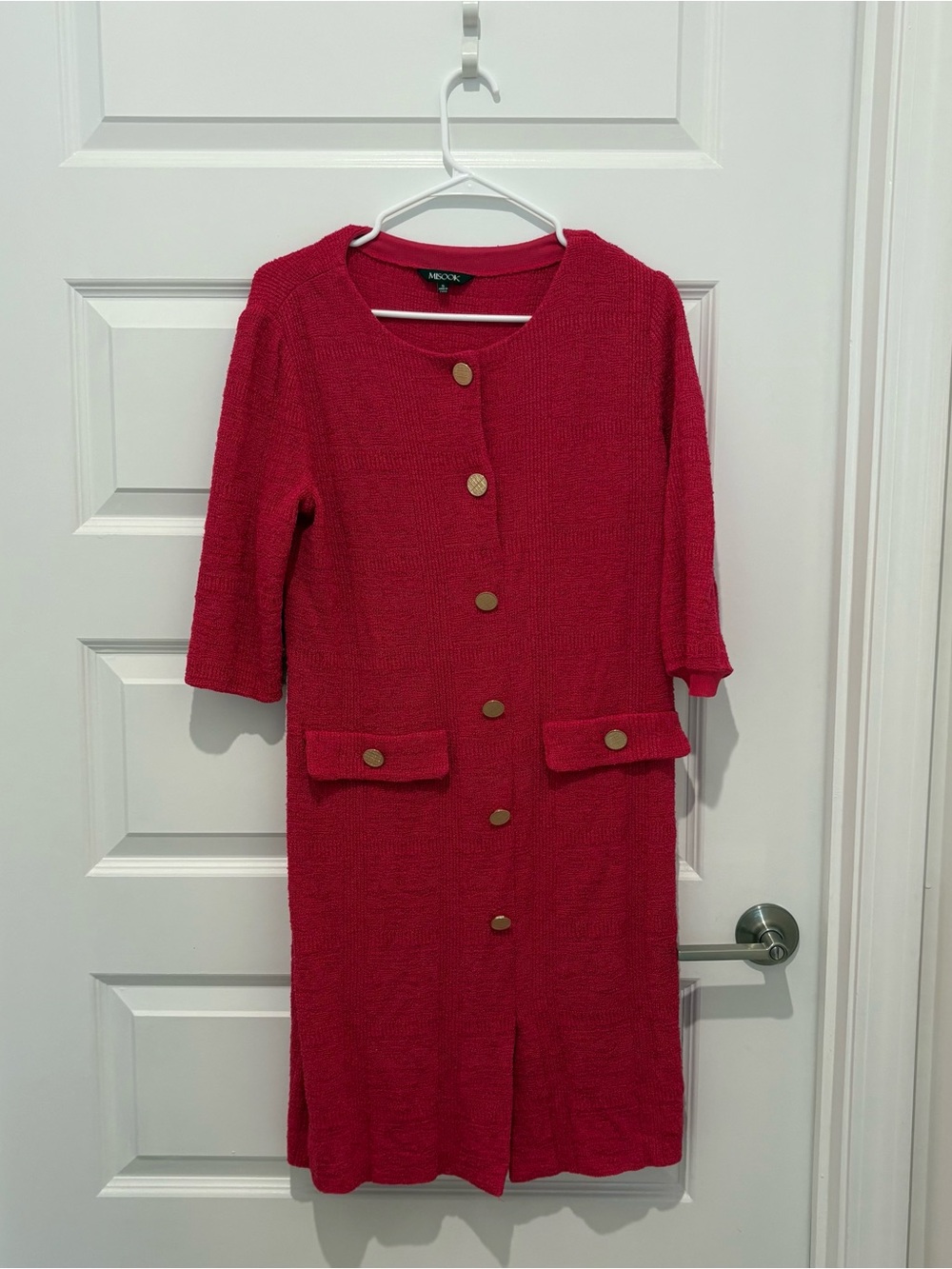 Misook Red Button-Front Long Sleeve Knit Dress